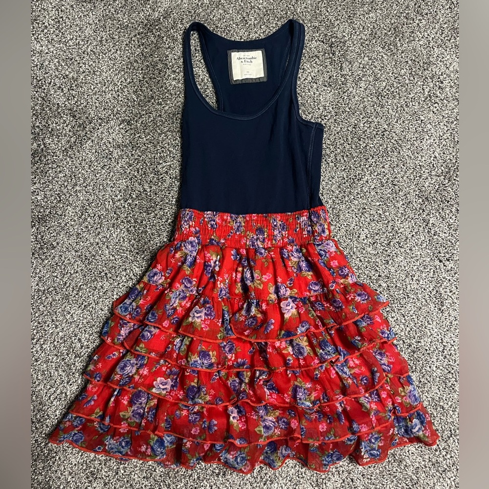 Vintage Y2K Abercrombie & Fitch Ruffled Tiered Red Navy Floral Dress XS